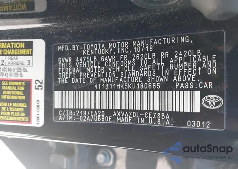 2019 Toyota Camry Se from USA, damaged, VIN 4T1B11HK5KU180665